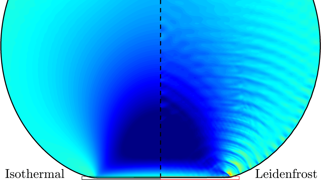 Simulated elastic strain field in a Leidenfrost hydrogel (isothermal vs Leidenfrost)